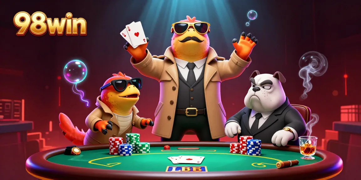 98win raptors humorously attempting VIP access in an engaging casino scene with poker elements.