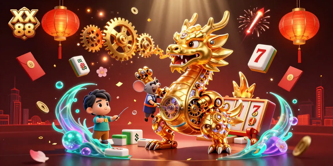 Experience the captivating ambiance of XX 88 at a vibrant casino scene featuring a golden dragon and slot elements.