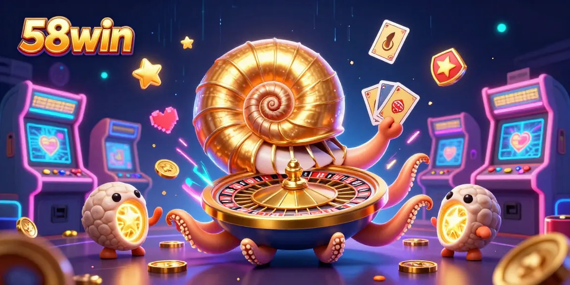 Engage with 58win's vibrant gaming experience featuring a giant nautilus roulette and glowing ammonites.