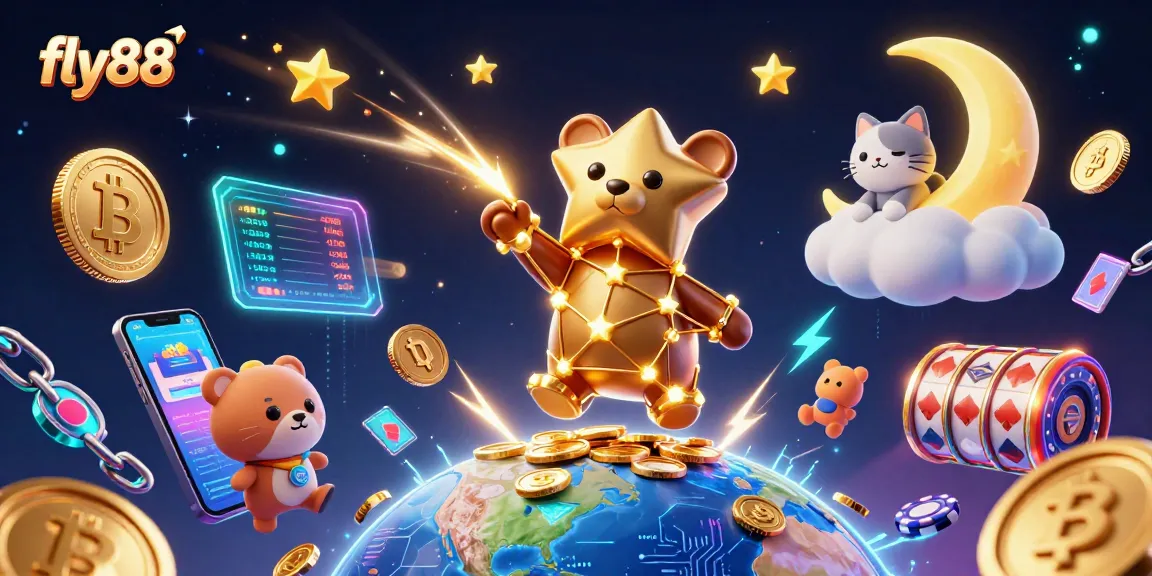 Join the excitement at fly88, where a constellation bear celebrates winning with gold coins, and vibrant game elements abound.
