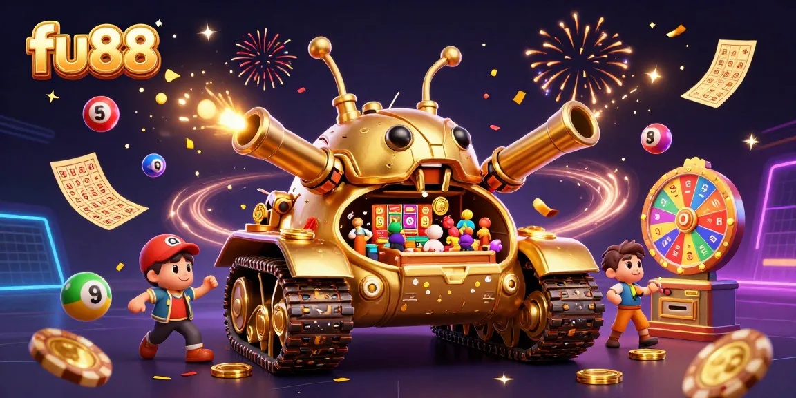 Engage with fu88's vibrant casino scene featuring a golden beetle tank amidst cheering patrons and exciting game elements.