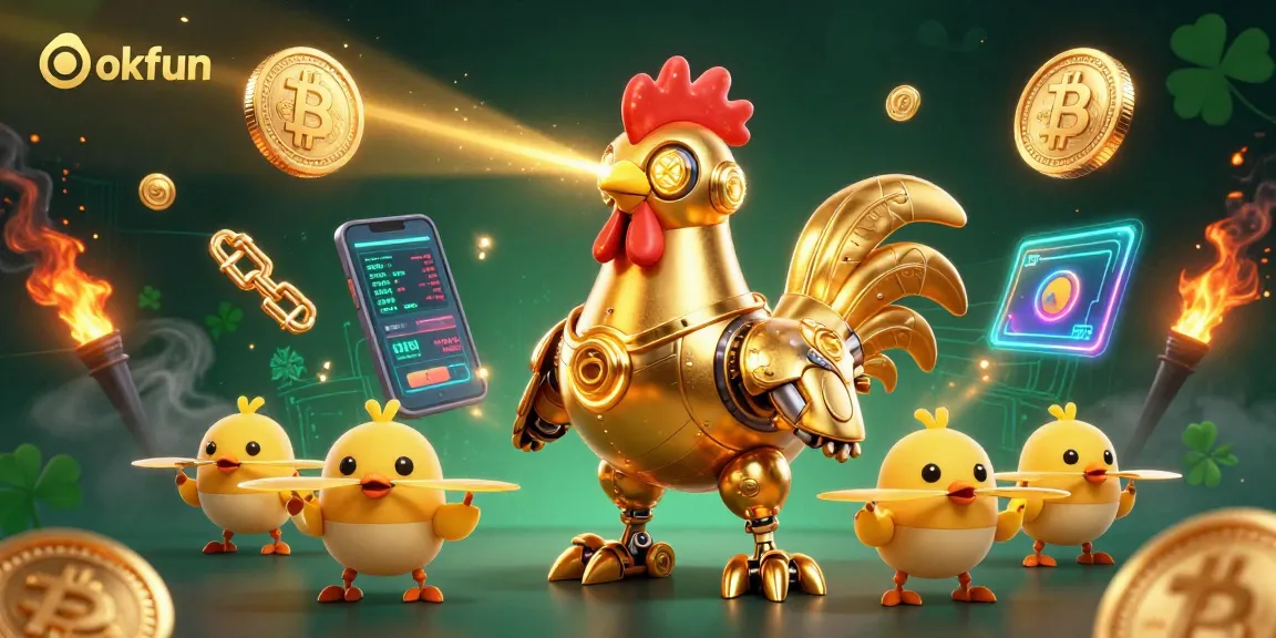 Experience thrilling gaming with okfun in this vibrant 3D casino art featuring futuristic robots and crypto elements.