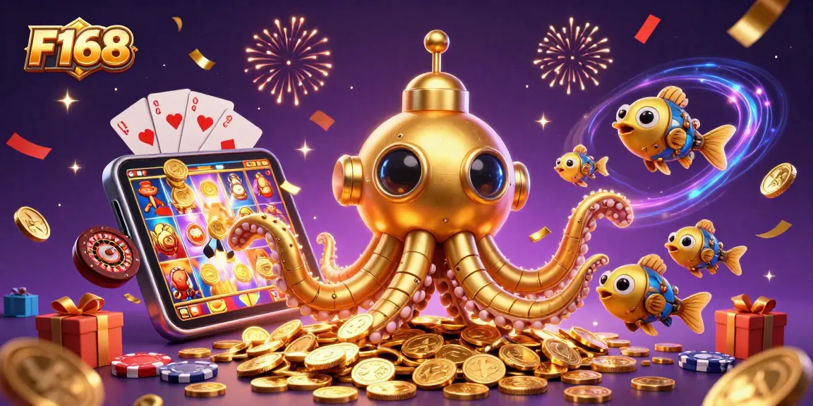 Experience F168's vibrant casino world with a golden kraken and exciting slot game action.