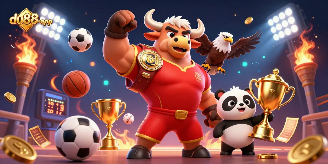 The du88-app mascot trio celebrates a sports victory with dynamic gambling elements in a vibrant scene.