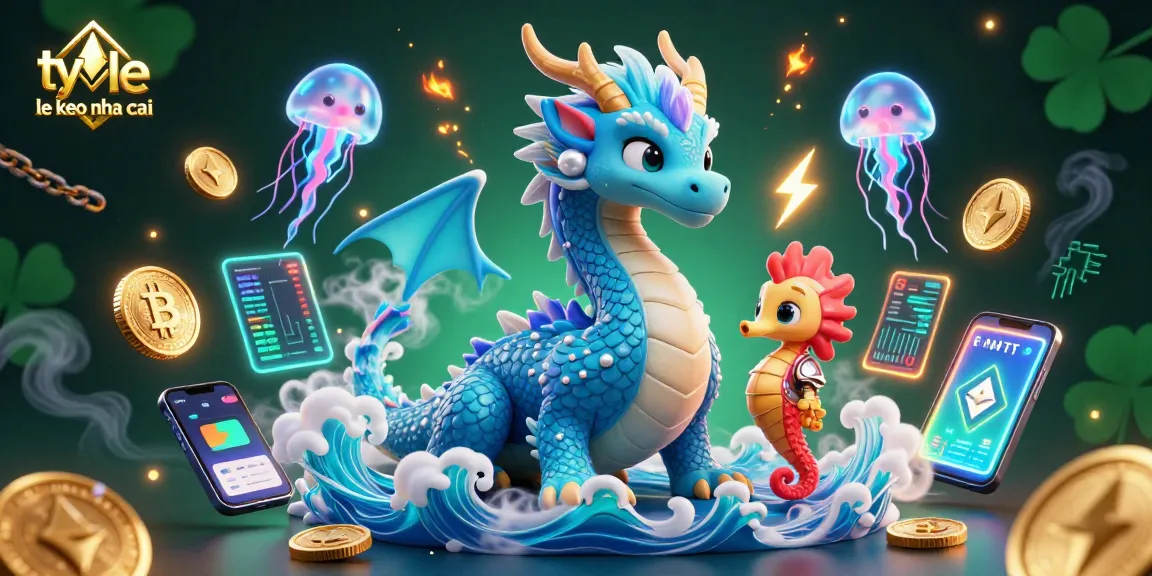 Experience the excitement of ty le keo nha cai with a dynamic 3D scene depicting an azure dragon, seahorse knight, and neon jellyfish.