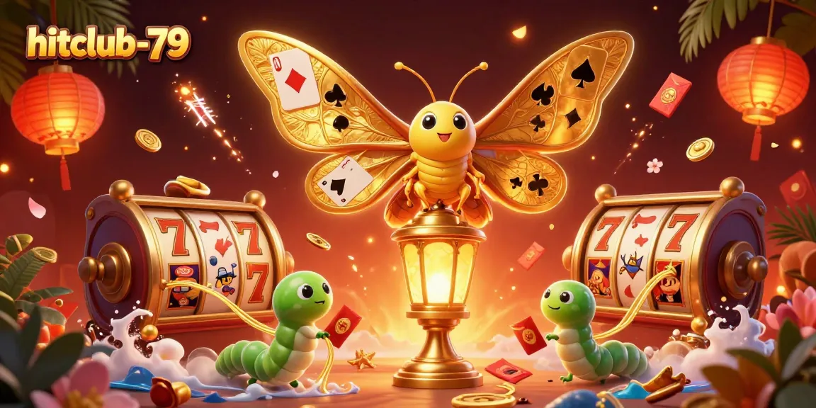 Experience the thrill of hitclub-79 casino with vibrant slot reels, glowing lanterns, and festive elements.