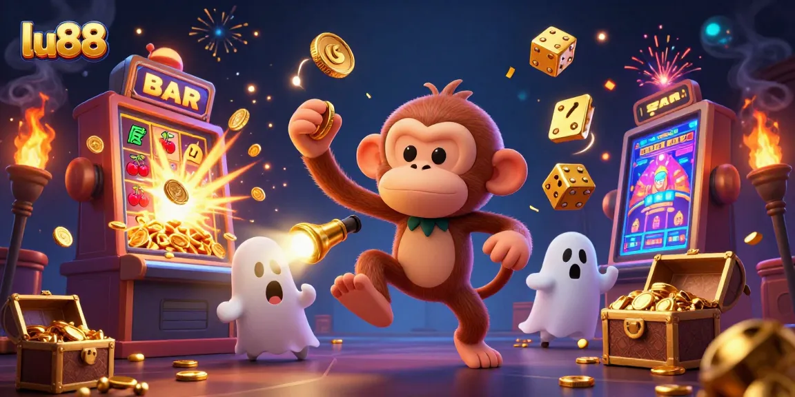 lu88 showcases a lively scene of a mischievous poltergeist monkey and ghost-hunter puppy in a vibrant casino setting.